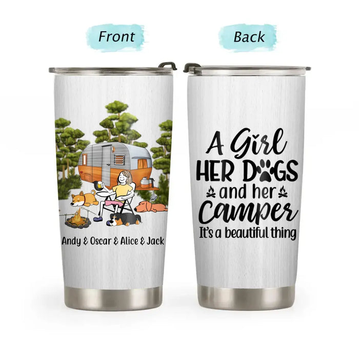 Personalized Tumbler, Camping Woman With Dogs Sleeping, Gifts For Campers