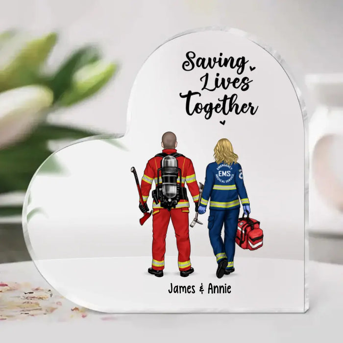 Saving Partners for Life - Personalized Gifts Custom Firefighter Acrylic Plaque for Couples and Friends, Firefighter, Nurse, Police, EMS Gifts