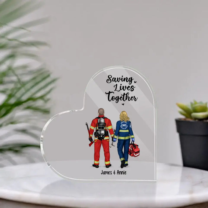 Saving Partners for Life - Personalized Gifts Custom Firefighter Acrylic Plaque for Couples and Friends, Firefighter, Nurse, Police, EMS Gifts