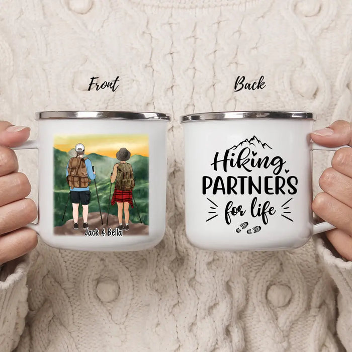 Hiking Partners for Life - Personalized Gifts Custom Hiking Enamel Mug for Friends, Couples, and Hiking Lovers