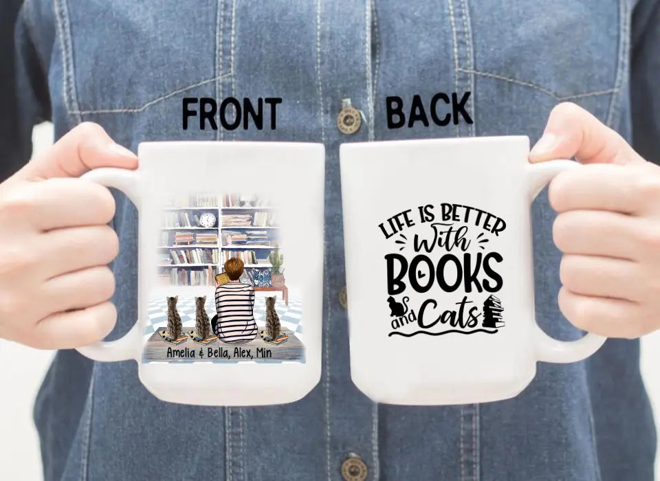 Life Is Better with Books and Cats - Personalized Gifts Custom Cat Mug for Cat Mom, Cat Reading Lovers