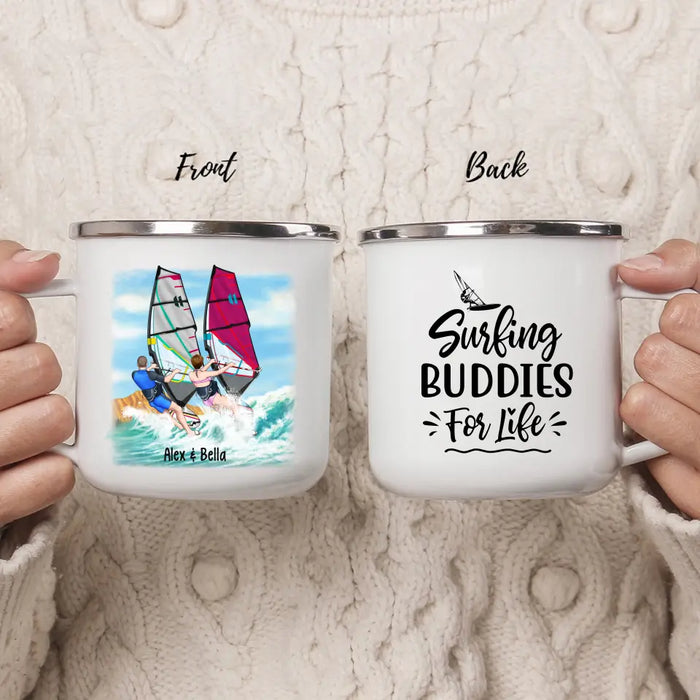 Surfing Buddies for Life - Personalized Gifts Custom Surfing Enamel Mug for Friends for Couples, Surfing Lovers