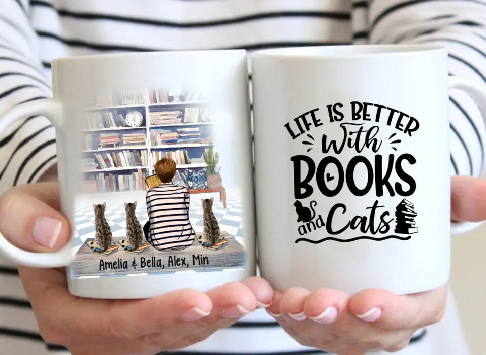 Life Is Better with Books and Cats - Personalized Gifts Custom Cat Mug for Cat Mom, Cat Reading Lovers