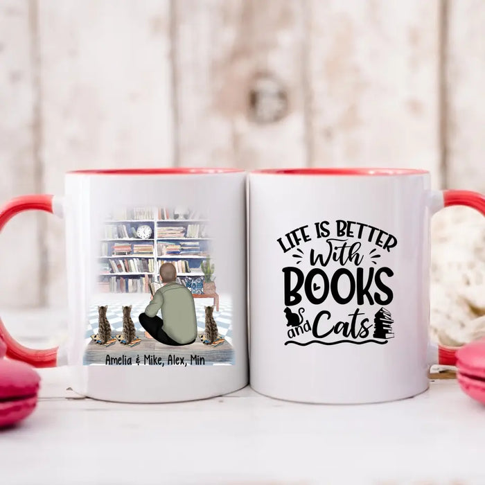 Life Is Better with Books and Cats - Personalized Gifts Custom Cat Mug for Cat Dad, Cat Reading Lovers