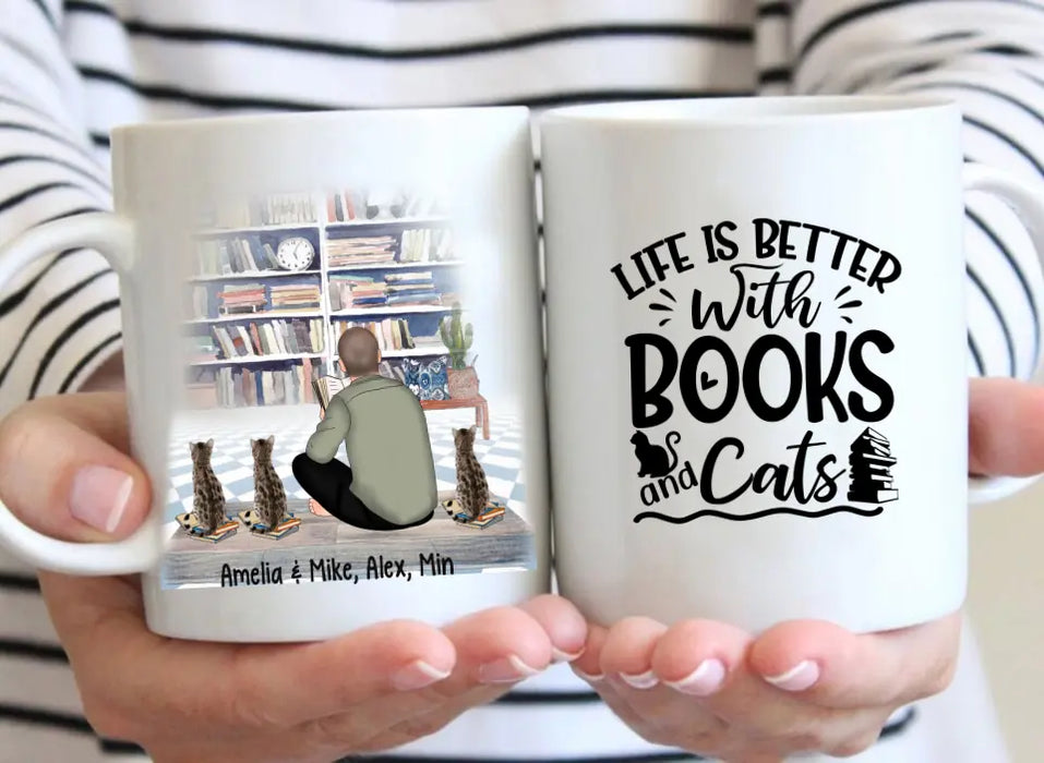 Life Is Better with Books and Cats - Personalized Gifts Custom Cat Mug for Cat Dad, Cat Reading Lovers