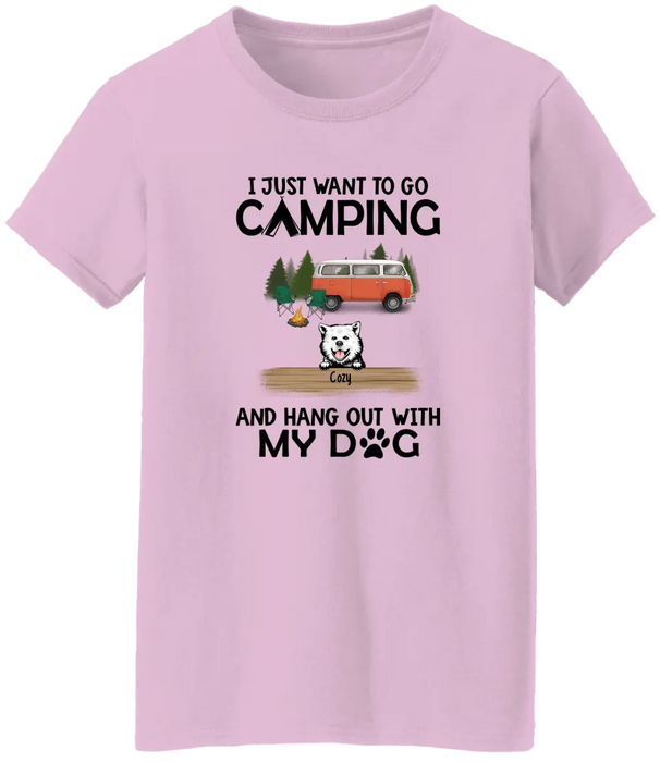 Personalized T-Shirt, Up to 6 Dogs, I Just Want To Go Camping and Hang Out With Dogs, Gift for Campers and Dog Lovers