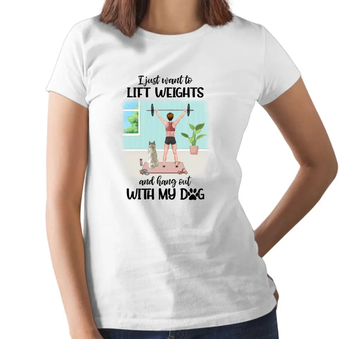 Personalized T-shirt, Girl Lifting Weights With Dog at Home, Gift for Dog Lovers, Fitness Lovers