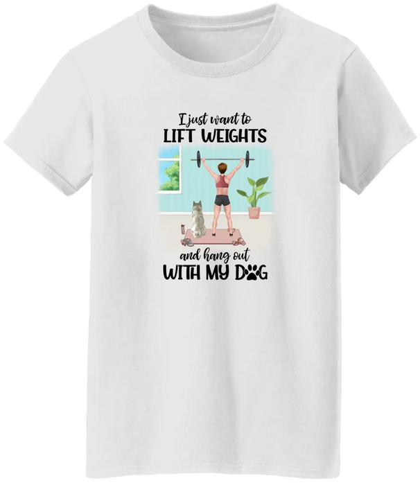 Personalized T-shirt, Girl Lifting Weights With Dog at Home, Gift for Dog Lovers, Fitness Lovers