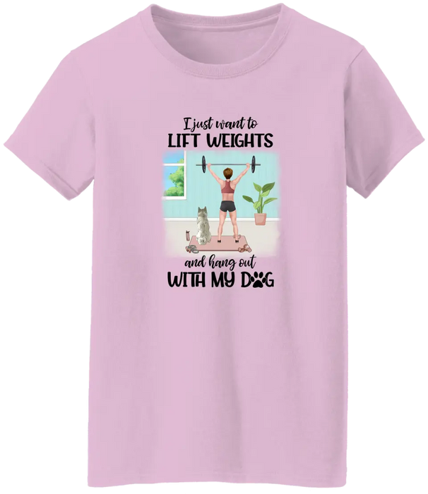 Personalized T-shirt, Girl Lifting Weights With Dog at Home, Gift for Dog Lovers, Fitness Lovers