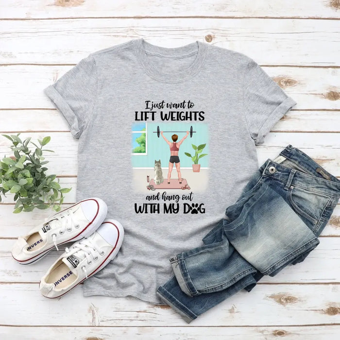 Personalized T-shirt, Girl Lifting Weights With Dog at Home, Gift for Dog Lovers, Fitness Lovers