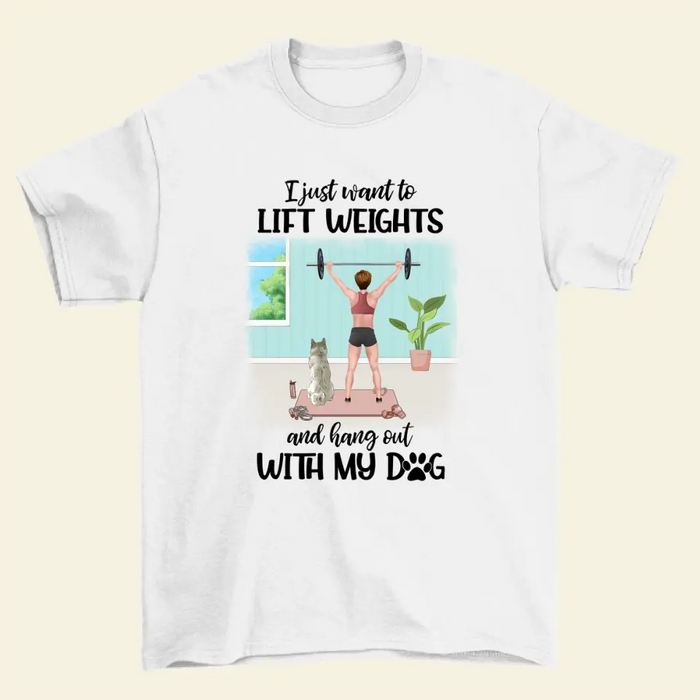 Personalized T-shirt, Girl Lifting Weights With Dog at Home, Gift for Dog Lovers, Fitness Lovers