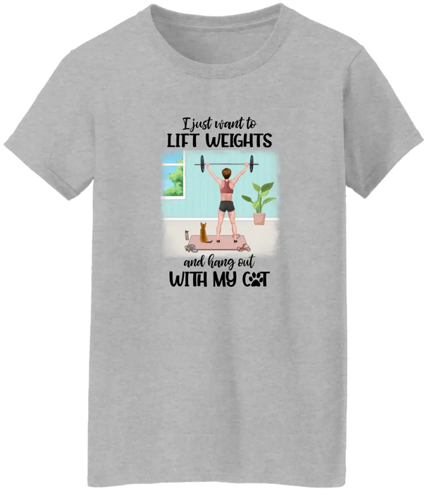 Personalized T-shirt, Girl Lifting Weights With Cats at Home, Gift for Cat Lover, Fitness Lovers