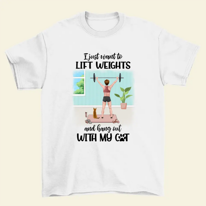 Personalized T-shirt, Girl Lifting Weights With Cats at Home, Gift for Cat Lover, Fitness Lovers