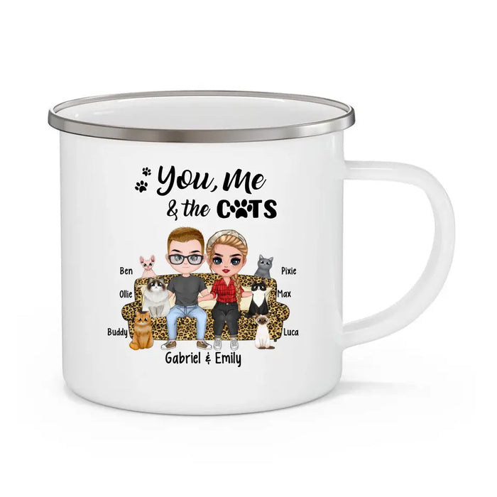You Me and the Cats - Personalized Gifts Custom Cat Enamel Mug for Couples and Cat Lovers