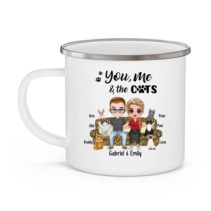 You Me and the Cats - Personalized Gifts Custom Cat Enamel Mug for Couples and Cat Lovers