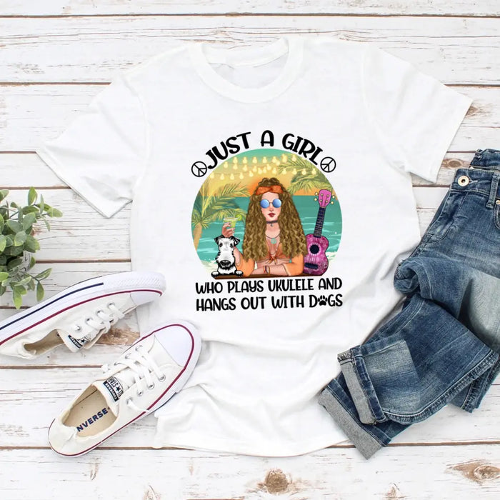 Personalized Shirt, Hippie Girl With Dogs and Ukulele, Gift for Hippie Girl, Ukulele Players & Dog Lover