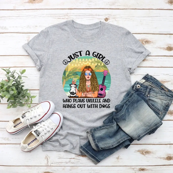 Personalized Shirt, Hippie Girl With Dogs and Ukulele, Gift for Hippie Girl, Ukulele Players & Dog Lover