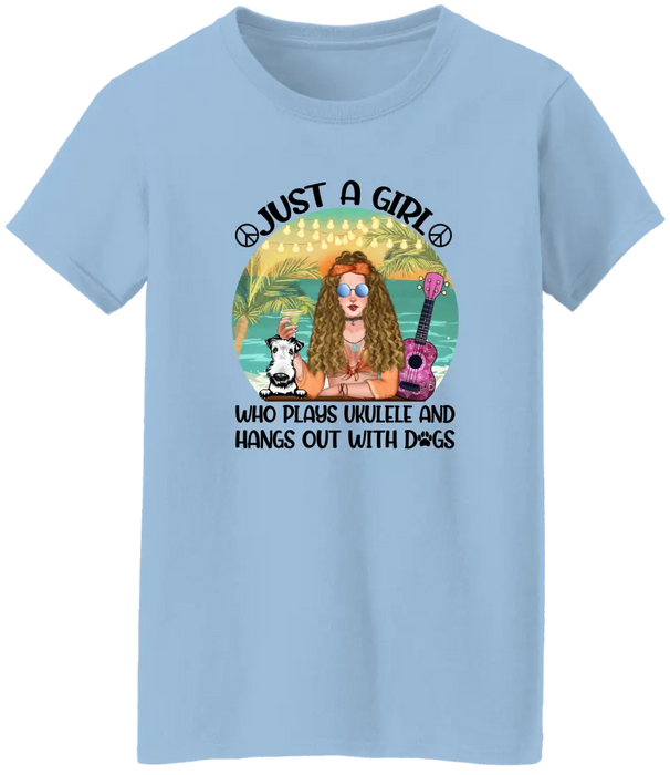 Personalized Shirt, Hippie Girl With Dogs and Ukulele, Gift for Hippie Girl, Ukulele Players & Dog Lover