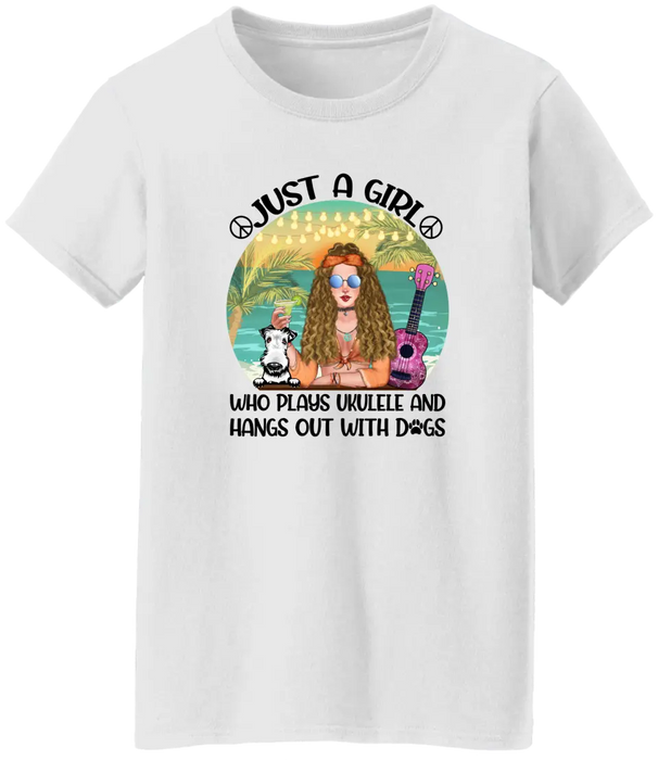 Personalized Shirt, Hippie Girl With Dogs and Ukulele, Gift for Hippie Girl, Ukulele Players & Dog Lover