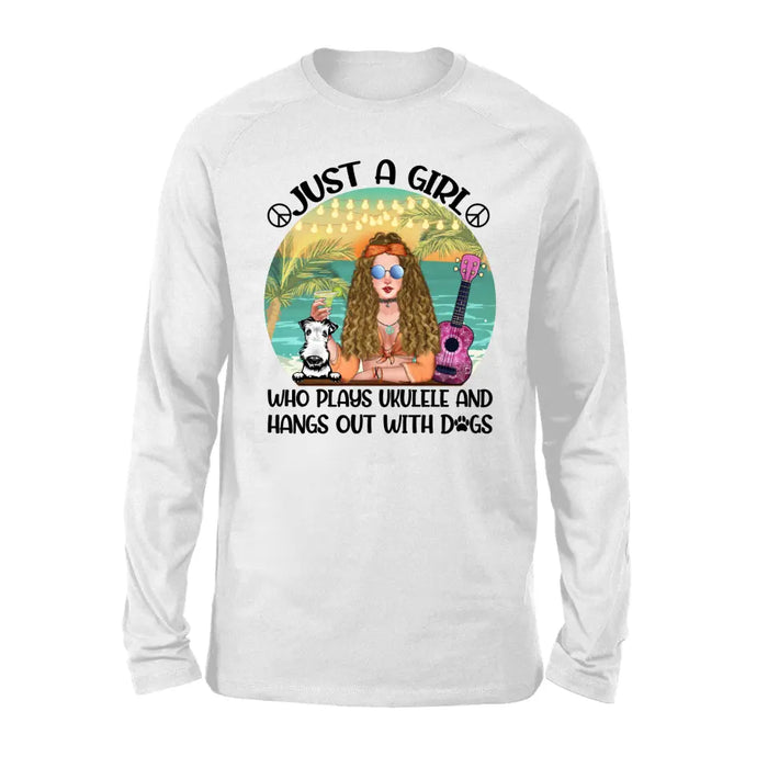 Personalized Shirt, Hippie Girl With Dogs and Ukulele, Gift for Hippie Girl, Ukulele Players & Dog Lover