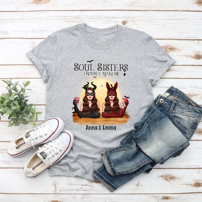 Personalized Shirt, Girl Front View, Soul Sisters Trouble Makers - Halloween Gift, Gift For Sister, Best Friends