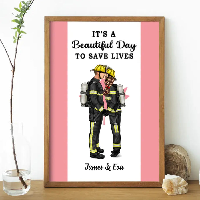 It's A Beautiful Day To Save Lives - Personalized Poster, Couple Portrait, Firefighter, EMS, Nurse, Police Officer, Military Canadian Flag