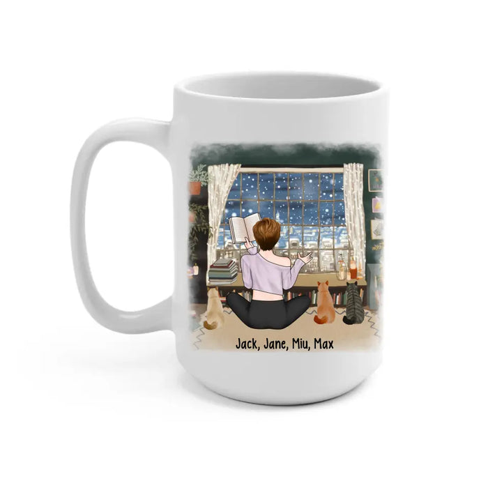A Woman Cannot Survive On Books Alone She Also Needs Cats - Personalized Gifts Custom Mug For Her, Book Lovers, Cat Lovers