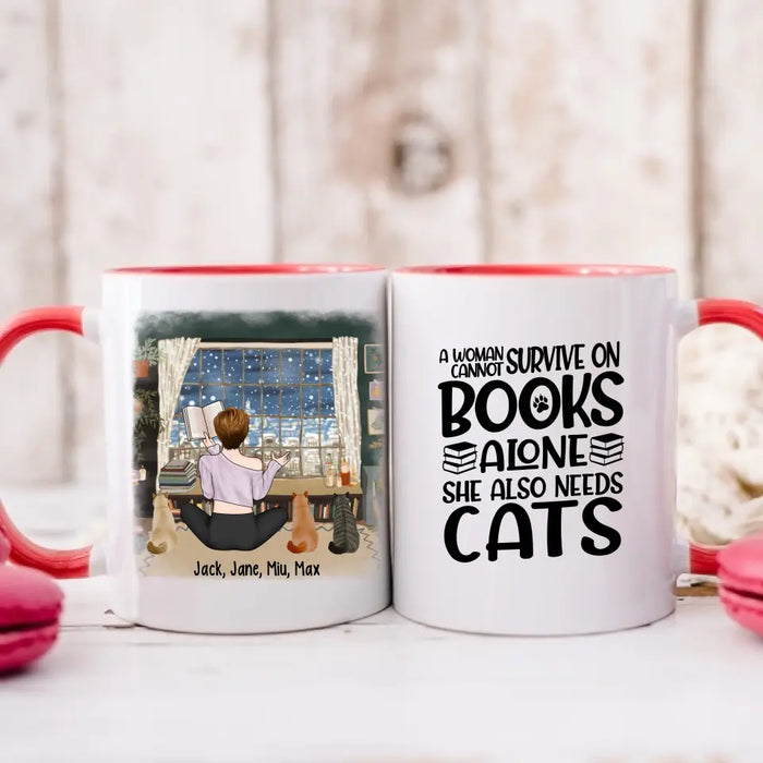 A Woman Cannot Survive On Books Alone She Also Needs Cats - Personalized Gifts Custom Mug For Her, Book Lovers, Cat Lovers