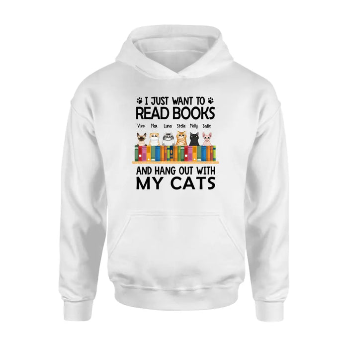 Personalized Shirt, Up To 6 Cats, I Just Want To Read Books And Hang Out With My Cats, Gift For Book Lovers And Cat Lovers