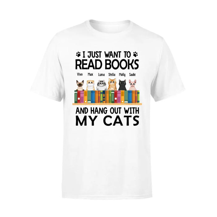 Personalized Shirt, Up To 6 Cats, I Just Want To Read Books And Hang Out With My Cats, Gift For Book Lovers And Cat Lovers