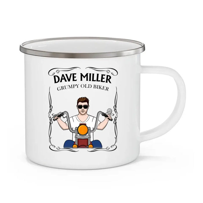 Never Underestimate an Old Man With a Motorcycle - Personalized Gifts Custom Enamel Mug for Him, Motorcycle Lovers