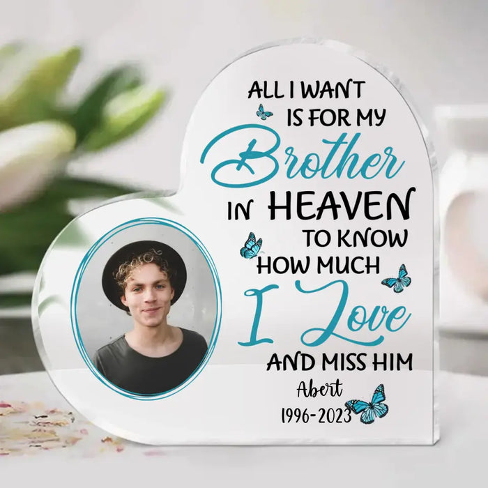 All I Want Is for My Brother in Heaven to Know How Much I Love and Miss Him - Personalized Photo Upload Gifts Custom Acrylic Plaque, Memorial Gifts