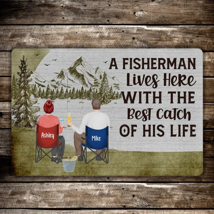 A Fisherman Lives Here With The Best Catch Of His Life - Personalized Gifts Custom Fishing Doormat For Couples, Fishing Lovers