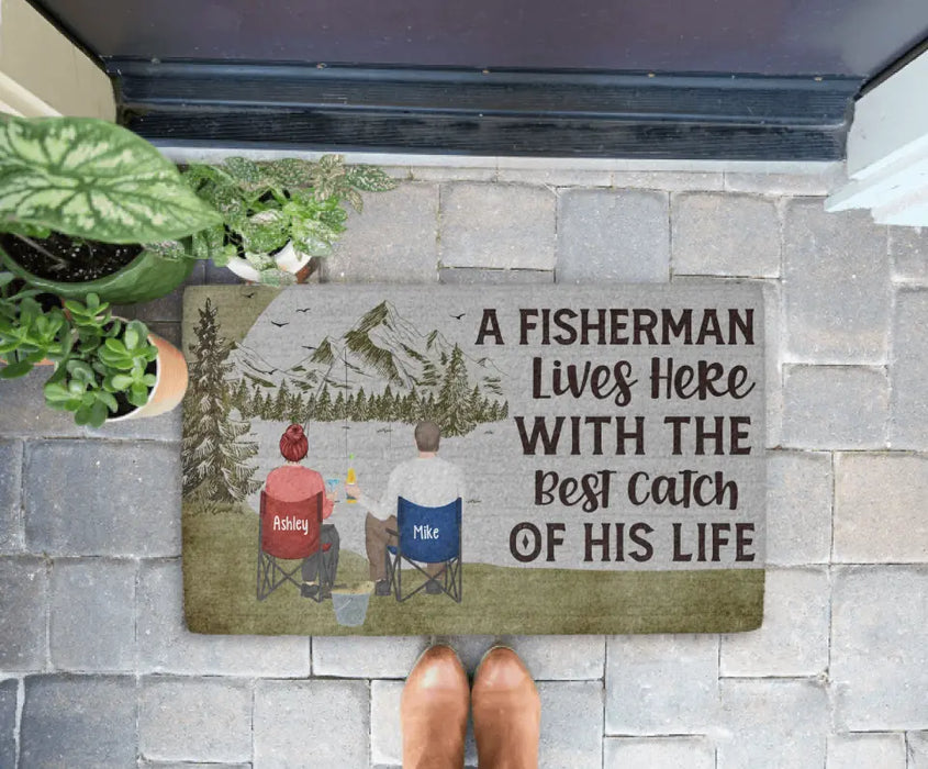 A Fisherman Lives Here With The Best Catch Of His Life - Personalized Gifts Custom Fishing Doormat For Couples, Fishing Lovers