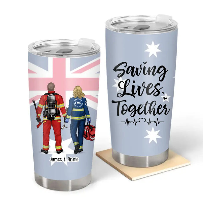 Saving Lives Together Australian Flag - Personalized Gifts Custom Tumbler for Couples and Friends, Firefighter, Nurse, Police, EMS Gifts