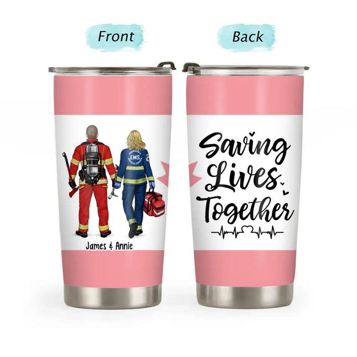 Saving Lives Together Canadian Flag - Personalized Gifts Custom Tumbler for Couples and Friends, Firefighter, Nurse, Police, EMS Gifts