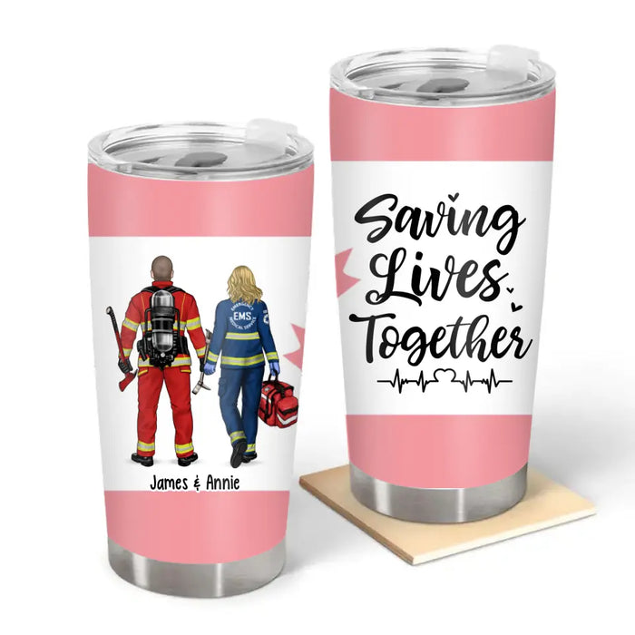 Saving Lives Together Canadian Flag - Personalized Gifts Custom Tumbler for Couples and Friends, Firefighter, Nurse, Police, EMS Gifts