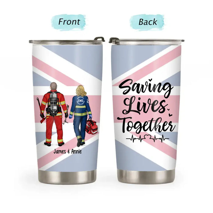 Saving Lives Together Great Britain Flag - Personalized Gifts Custom Tumbler for Couples and Friends, Firefighter, Nurse, Police, EMS Gifts