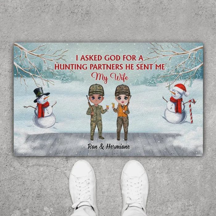 I Asked God for a Hunting Partner - Personalized Gifts Custom Hunting Doormat for Family Couples, Hunting Lovers