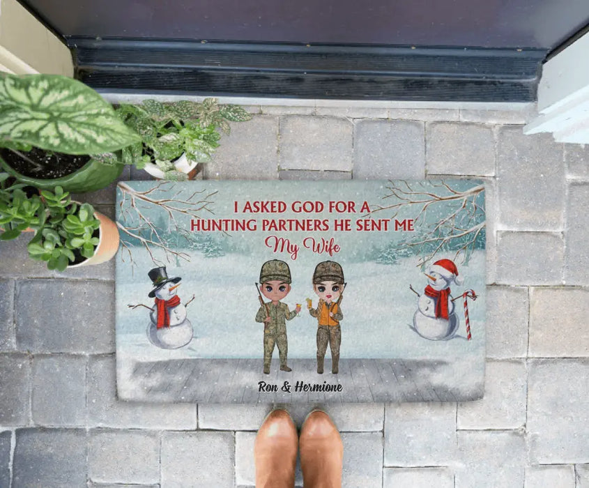 I Asked God for a Hunting Partner - Personalized Gifts Custom Hunting Doormat for Family Couples, Hunting Lovers