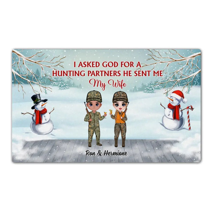 I Asked God for a Hunting Partner - Personalized Gifts Custom Hunting Doormat for Family Couples, Hunting Lovers