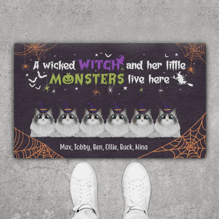 A Wicked Witch and Her Little Monsters Live Here - Halloween Personalized Gifts Custom Cat Doormat for Cat Lovers