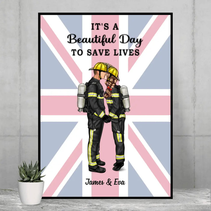 She Saves Lives and He Rescues Them Great Britain Flag - Personalized Poster, Couple Portrait, Firefighter, EMS, Nurse, Police Officer, Military Gifts