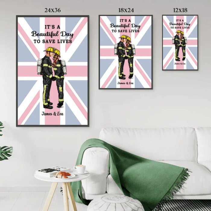 She Saves Lives and He Rescues Them Great Britain Flag - Personalized Poster, Couple Portrait, Firefighter, EMS, Nurse, Police Officer, Military Gifts