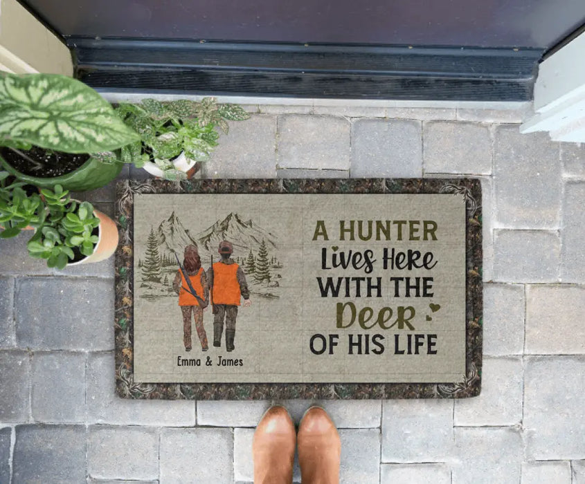 A Hunter Lives Here With the Deer of His Life - Personalized Gifts Custom Hunting Doormat for Couples, Hunting Lovers