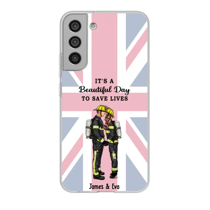 She Saves Lives and He Rescues Them - Personalized Phone Case For Couples, Firefighter, EMS, Nurse, Police Officer, Military