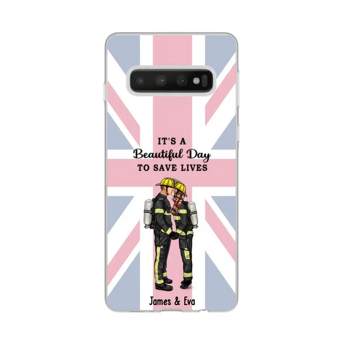 She Saves Lives and He Rescues Them - Personalized Phone Case For Couples, Firefighter, EMS, Nurse, Police Officer, Military