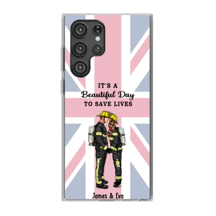 She Saves Lives and He Rescues Them - Personalized Phone Case For Couples, Firefighter, EMS, Nurse, Police Officer, Military