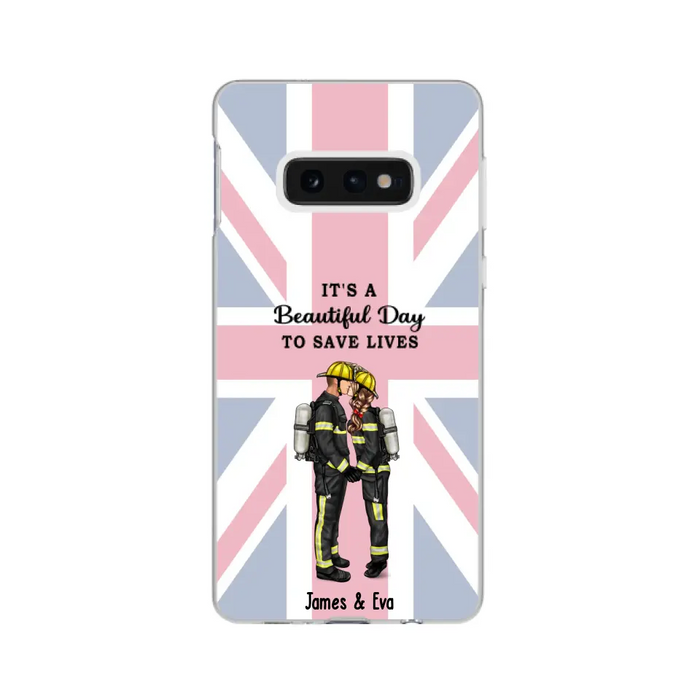 She Saves Lives and He Rescues Them - Personalized Phone Case For Couples, Firefighter, EMS, Nurse, Police Officer, Military