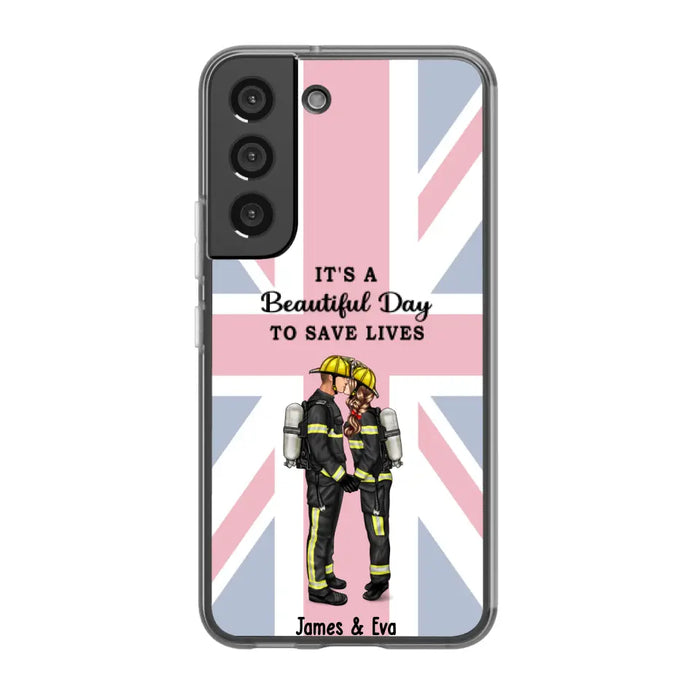 She Saves Lives and He Rescues Them - Personalized Phone Case For Couples, Firefighter, EMS, Nurse, Police Officer, Military